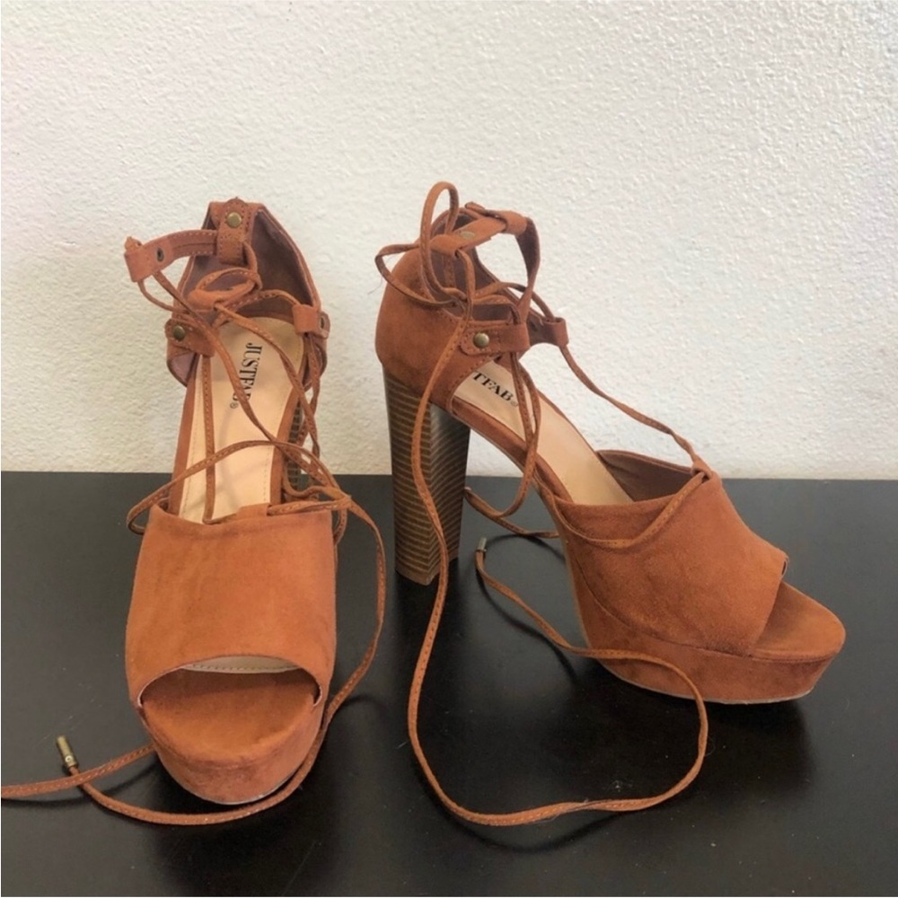 JustFab Brown Faux Suede Wrap Tie High Heels